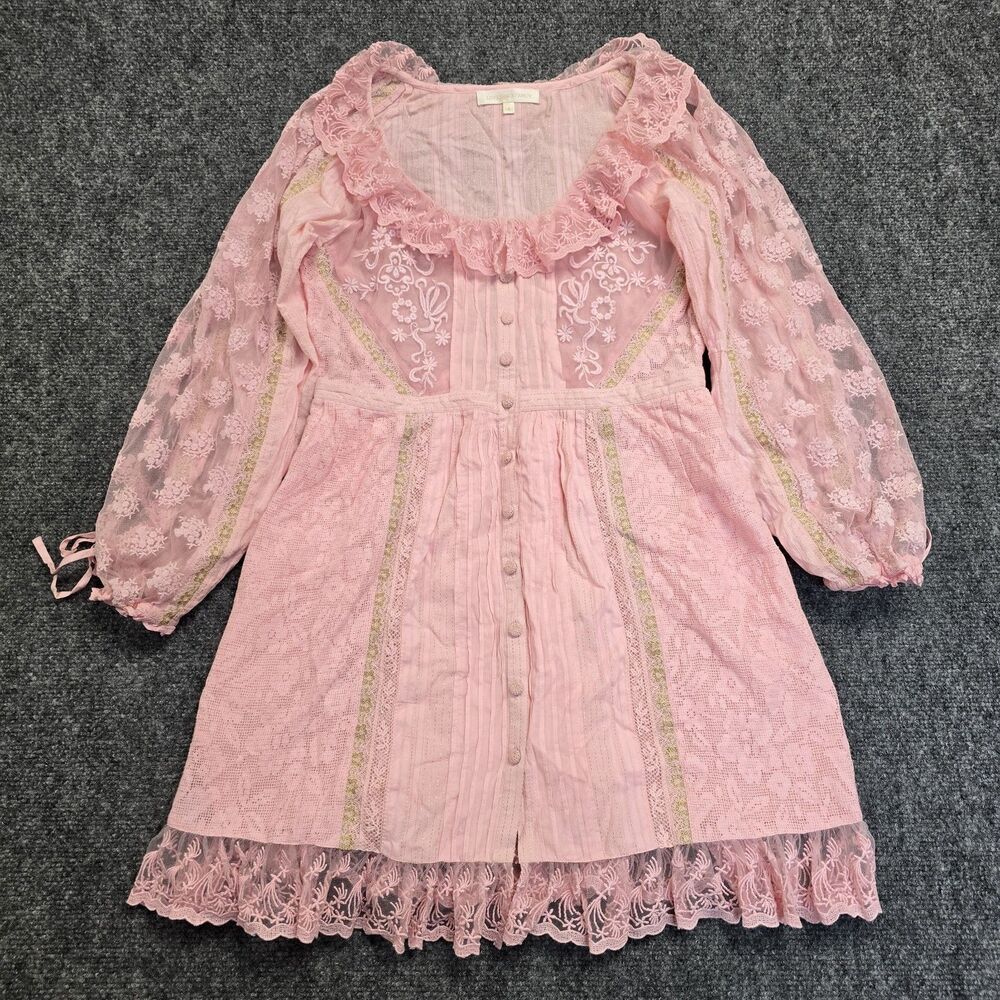 Love Shack Fancy Heritage Dress Sm Pink Lace Ruffle Tiered Cottagecore Babydoll